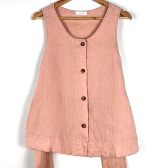 Mod Ref Salmon Peach Linen Front Tie Sleeveless Top Size L - Picture 4 of 10